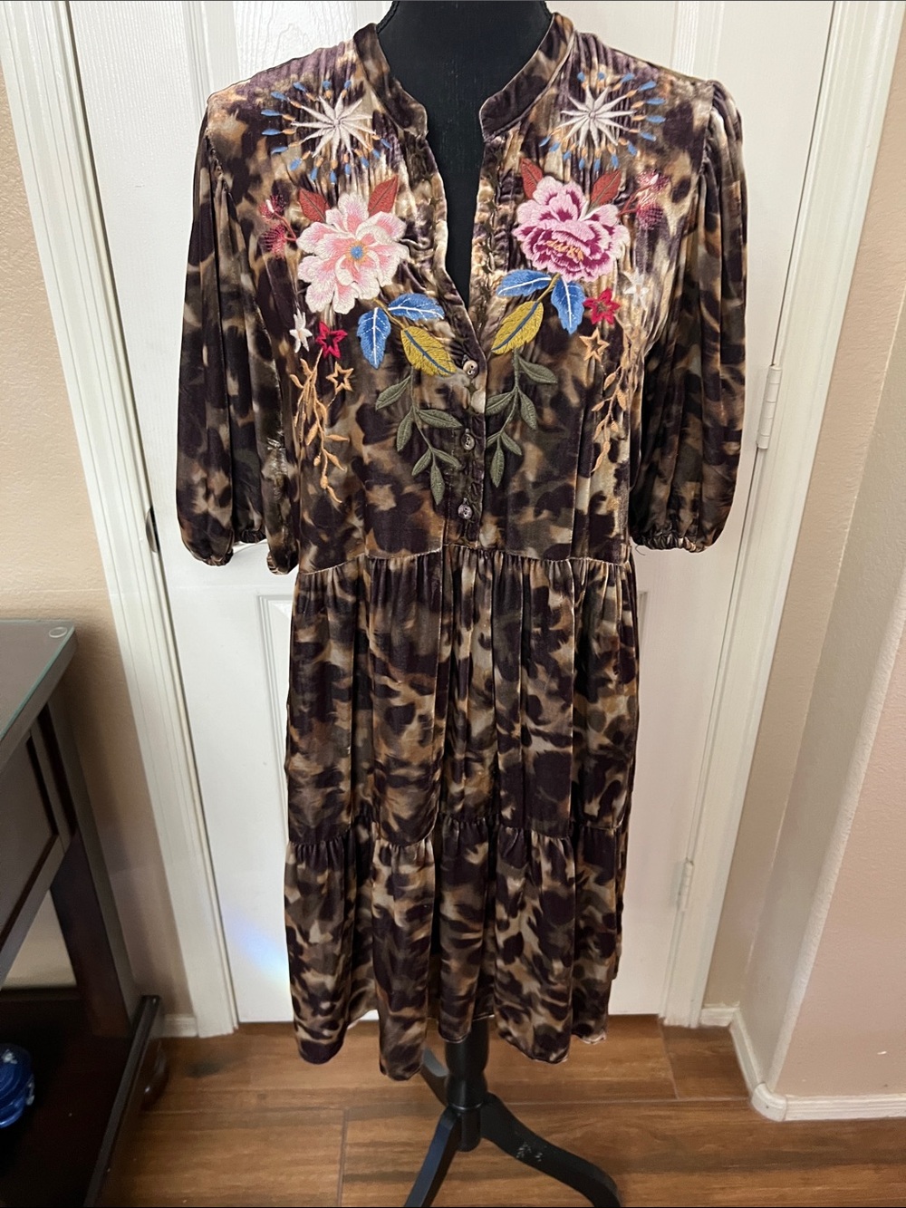 Johnny Was Brown Velvet Midi Dress with Pink & Blue Floral Embroidery